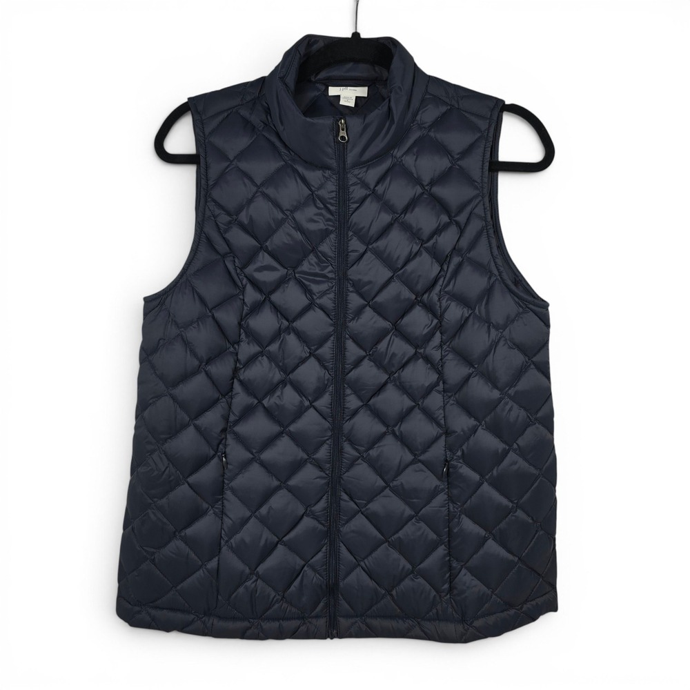 J. Jill Down Quilted Puffer Vest Navy Blue Petite Small Diamond Zip Up RN 97641